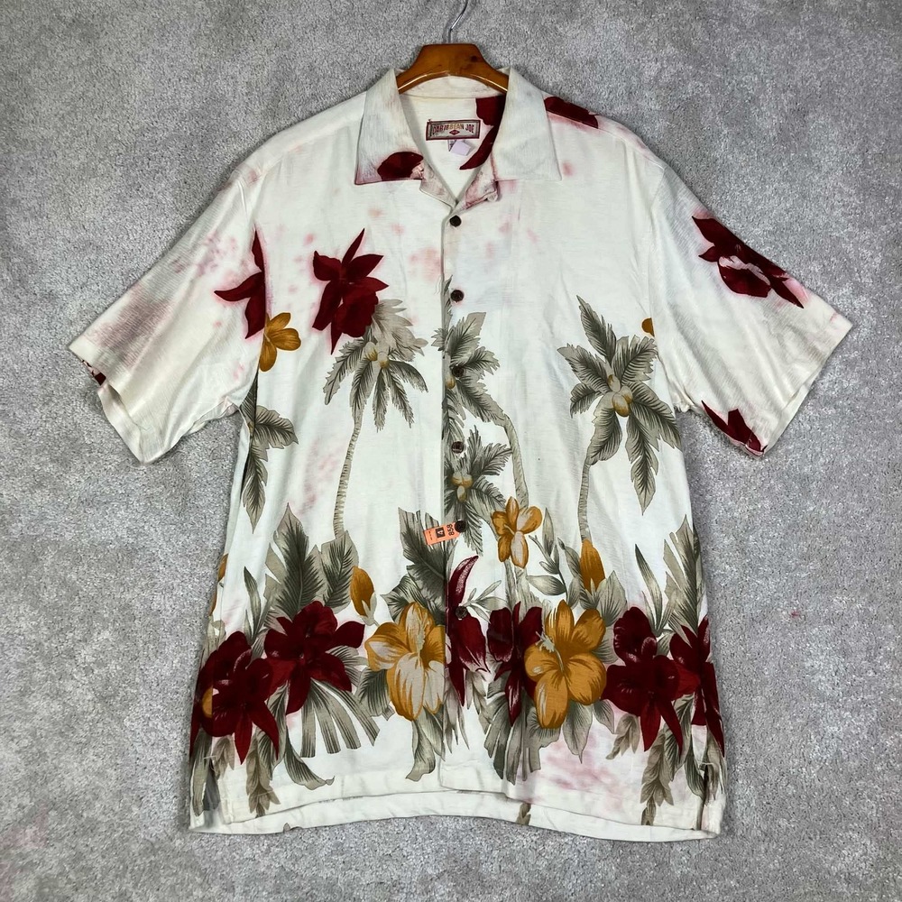 Caribbean Joe Button Up Shirt Mens XL White Floral Palm Tree Rayon Aloha Shirt